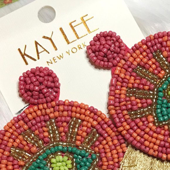 Boho Earrings Fringe Eye Seed Bead Large Post Drop - Picture 4 of 5